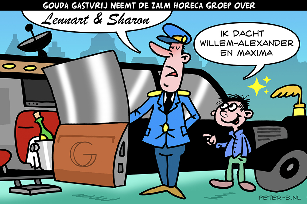 Gouda Gastvrij neemt De Zalm Horeca Groep over. (De Zalm, Koeien en Kaas en La Bodega) Cartoon <a href="/HKgoudsepost/">Het Kontakt - Goudse Post</a> van week 5 - 2024.