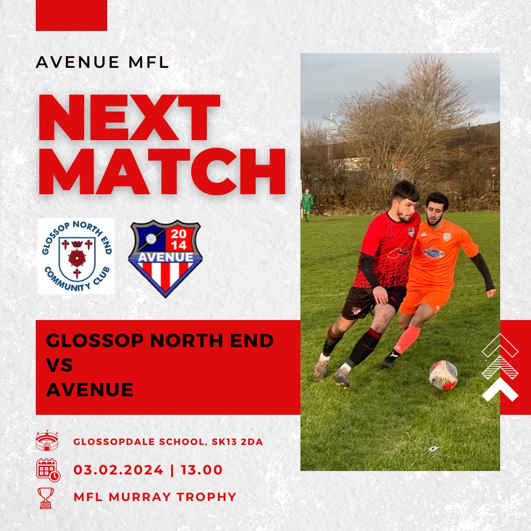 Avenue are in @THEMCRFL Murray Trophy action this weekend as they take on @glossopfootball Avenue took all 3 points last time out with a 2-1 victory, whilst Glossop were beaten by the same scoreline. 🔴⚫️🔵