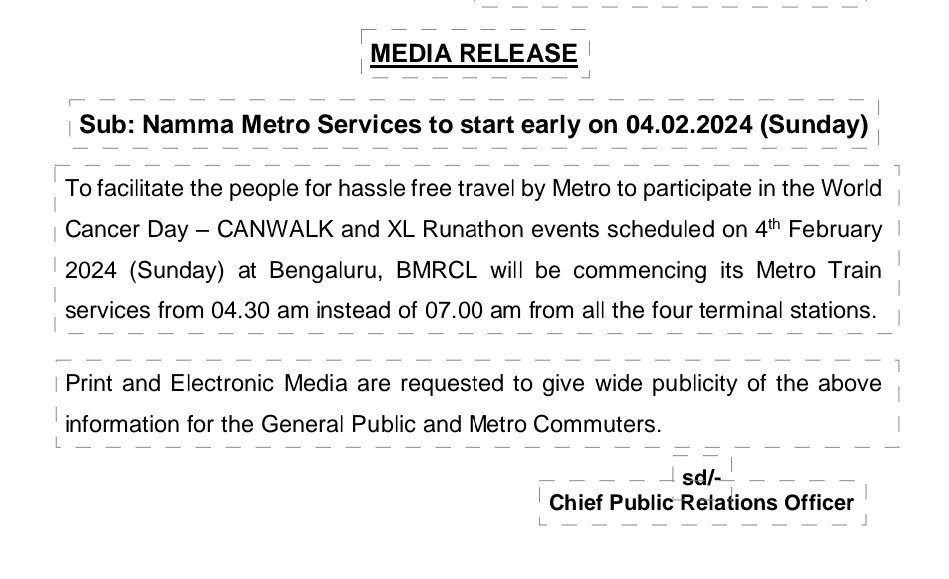 Lolita_TNIE's tweet photo. Nice gesture by Bengaluru Metro. Trains to begin operations on Sunday (Feb 4) at 4.30 am to help public taking part in the World Cancer Day - #CANWALK and XL Runathon events #Cancer @NewIndianXpress @XpressBengaluru @KannadaPrabha @KARailway @maddyvoldy @srinualavilli @WFRising https://t.co/1OmkQrA0Pm