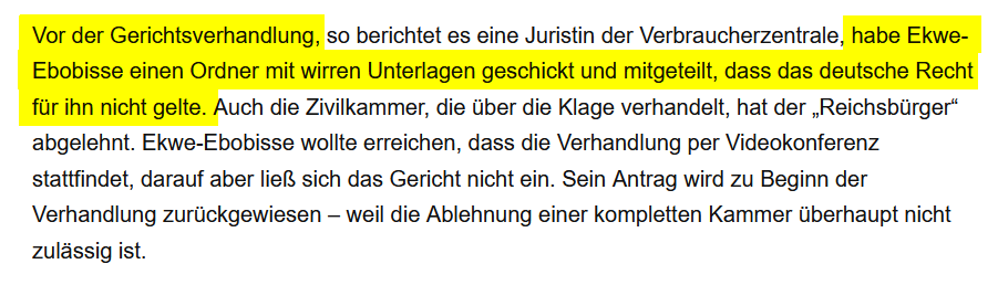 schwurbelwatch's tweet photo. Am Ende lief es wie bei #Reichsbuergern üblich: es werden wirre Unterlagen eingereicht.
Hat David Ekwe-Ebobisse auch gemacht, da für ihn "das deutsche Recht nicht gelte".
Ein Versäumnisurteil wurde gesprochen.
Er muss alles ändern und die Verfahrenskosten tragen. https://t.co/SgUHTK4GEe