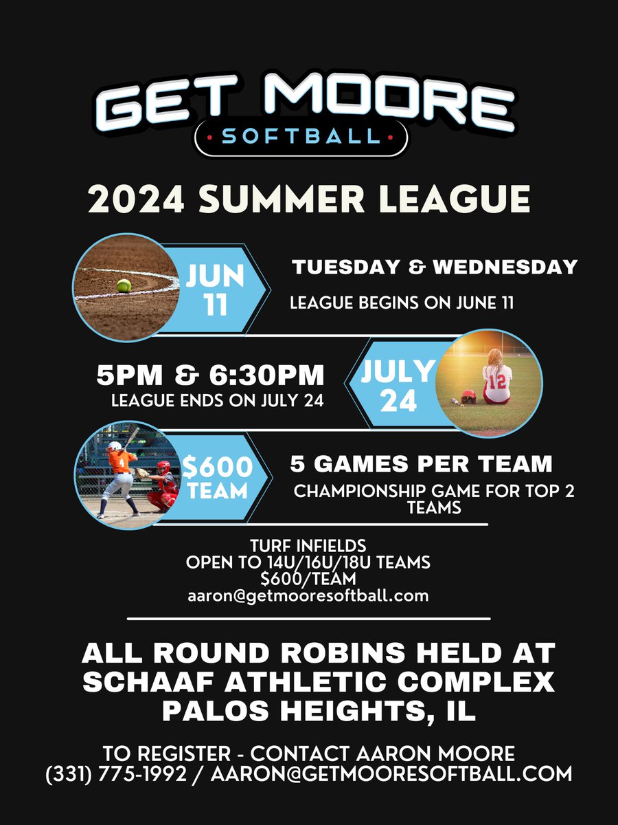 CoachAaronMoore's tweet photo. Get Moore Softball Summer League. Open to 14u / 16u / 18u teams
Games will be held at Schaaf Athletic Complex in Palos Heights. 
$600 per team!! https://t.co/0YcciZLldC