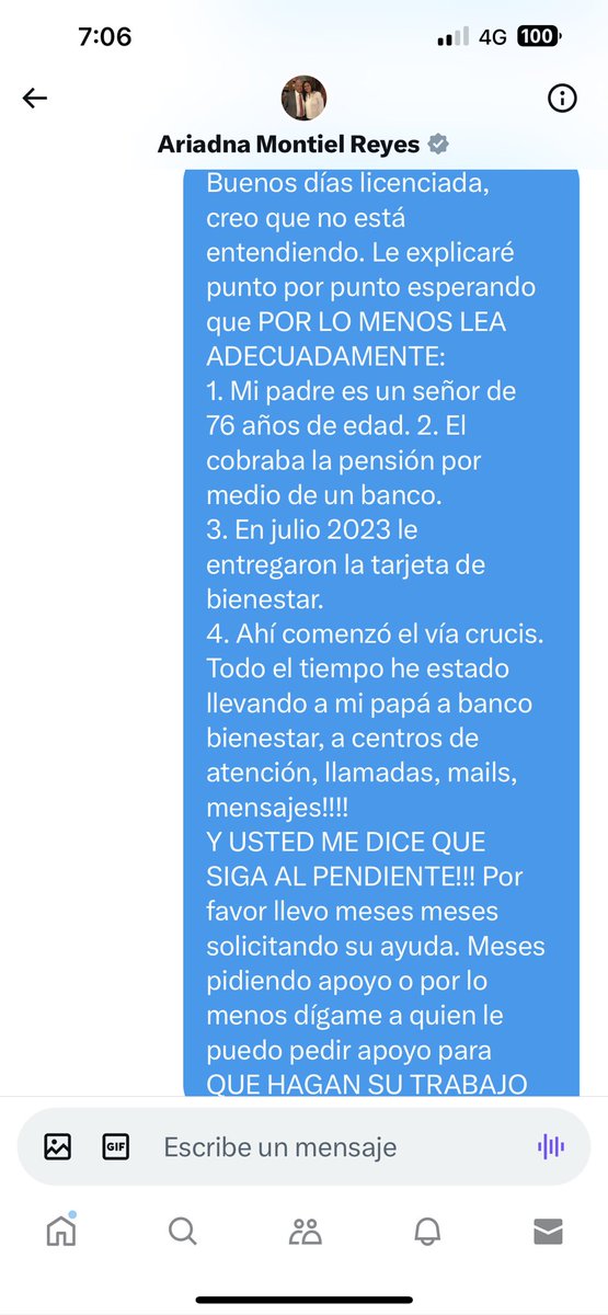 Sigo solicitando el apoyo de la licenciada <a href="/A_MontielR/">Ariadna Montiel Reyes</a> <a href="/lopezobrador_/">Andrés Manuel</a> <a href="/Milenio/">Milenio</a> <a href="/CarlosLoret/">Carlos Loret de Mola</a> <a href="/CiroGomezL/">Ciro Gómez Leyva</a> <a href="/Radio_Formula/">Grupo Fórmula</a> podría enviar cada captura de pantalla donde le pido apoyo y usted me sigue contestando que le envíe mensaje DM. Y nada que soluciona <a href="/bienestarmx/">Bienestar</a>