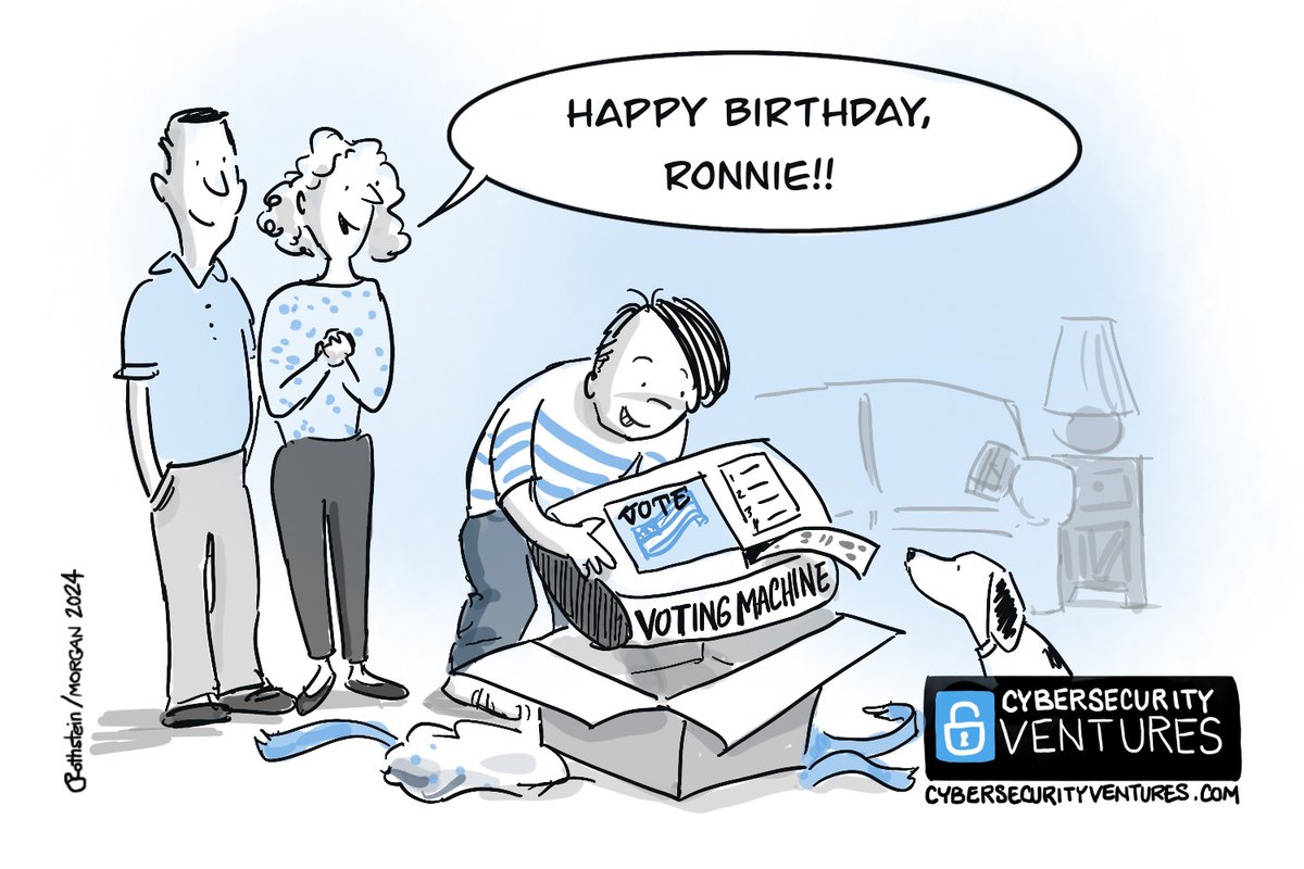CybersecuritySF's tweet image. It's #Election season and Ronnie just got a #VotingMachine for his birthday. This week's #Cybersecurity #Cartoon from Cybersecurity Ventures @CybersecuritySF. You can see all of our cartoons in Cybercrime Magazine cybersecurityventures.com/cybersecurity-…