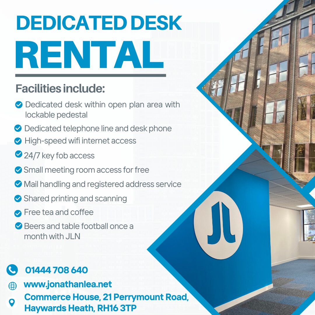 jonleanetwork's tweet photo. Exciting news! We now offer dedicated desk rentals at our head office on Perrymount Road in Haywards Heath for £250 per month.
If interested email us or or call us on 01444 708 640.
#TheJonathanLeaNetwork #JonathanLeaNetwork #DedicatedDeskRental #JLNOfficeSpace #WorkSmart https://t.co/gYRo4W0L5s