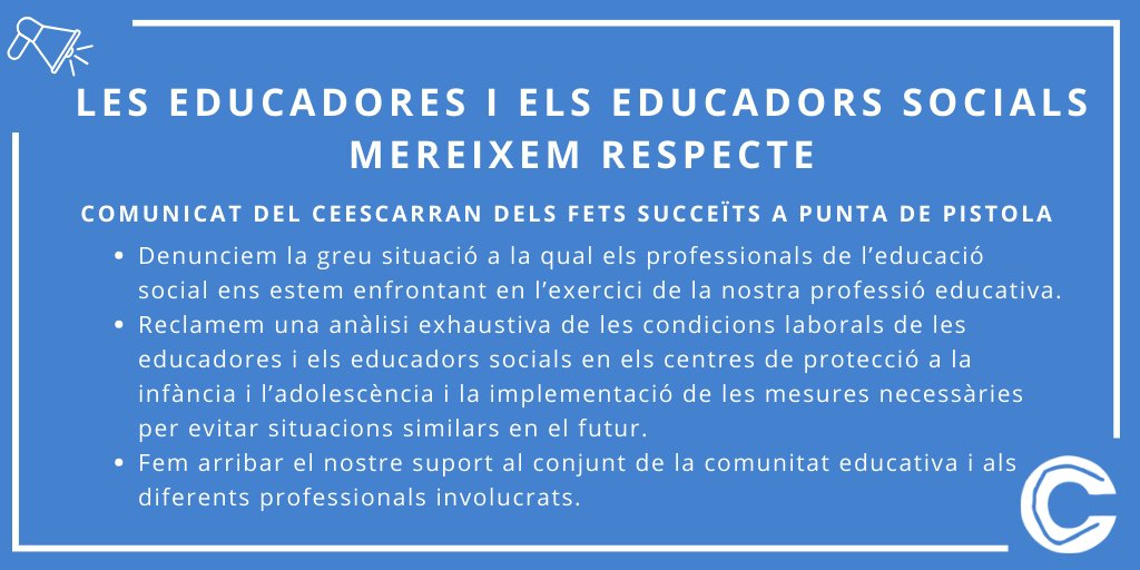 📢Comunicat del CEESC: Les educadores i educadors socials mereixem respecte!  

Profundament alarmats: a un CRAE de Lleida un familiar va emportar-se un infant tutelat amenaçant amb una pistola professionals del centre.
➡️ceesc.cat/2014-11-03-13-…
#educaciósocial #proteccióinfància