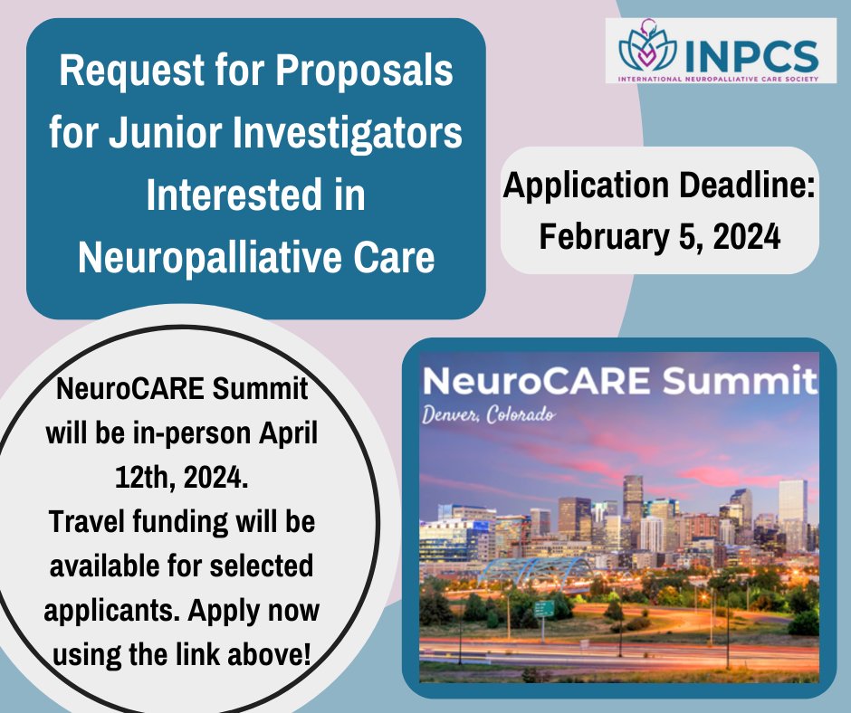 Are you a junior investigator interested in neuropalliative care? Apply for our travel stipend to attend the upcoming Neuropalliative Care Research Summit and present your research ideas. Apply here: inpcs.org/i4a/pages/inde… #palliativecare #NINDS #denverco
