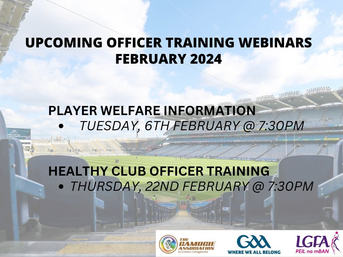 💻Player Welfare Information webinar 🗓️Tuesday, 6th February @ 7:30pm This webinar is for all Club Officers and it will cover anti-doping education, concussion awareness and cardiac health awareness Ensure your spot by registering now 🔽 learning.gaa.ie/node/283724