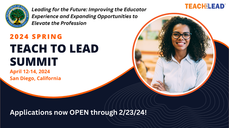 Teach to Lead (@teachtolead) on Twitter photo Apply now for the Spring 2024 Teach to Lead Summit, hosted by the U.S. Department of Education! Teams working on innovative projects to improve the educator experience and expand opportunities to elevate the profession should apply! Learn more and apply at bit.ly/42PZxUJ Apply now for the Spring 2024 Teach to Lead Summit, hosted by the U.S. Department of Education! Teams working on innovative projects to improve the educator experience and expand opportunities to elevate the profession should apply! Learn more and apply at bit.ly/42PZxUJ