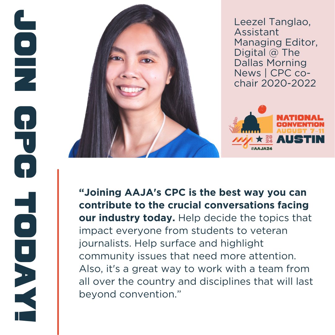Only a few days left to apply to #AAJA24's Convention Programming Committee! @leezeltanglao, who led CPC for 3 consecutive years, shared the value of bringing industry knowledge to the table and uplifting the voices of others. Apply by Monday, Feb. 5 at aaja24.org/program.