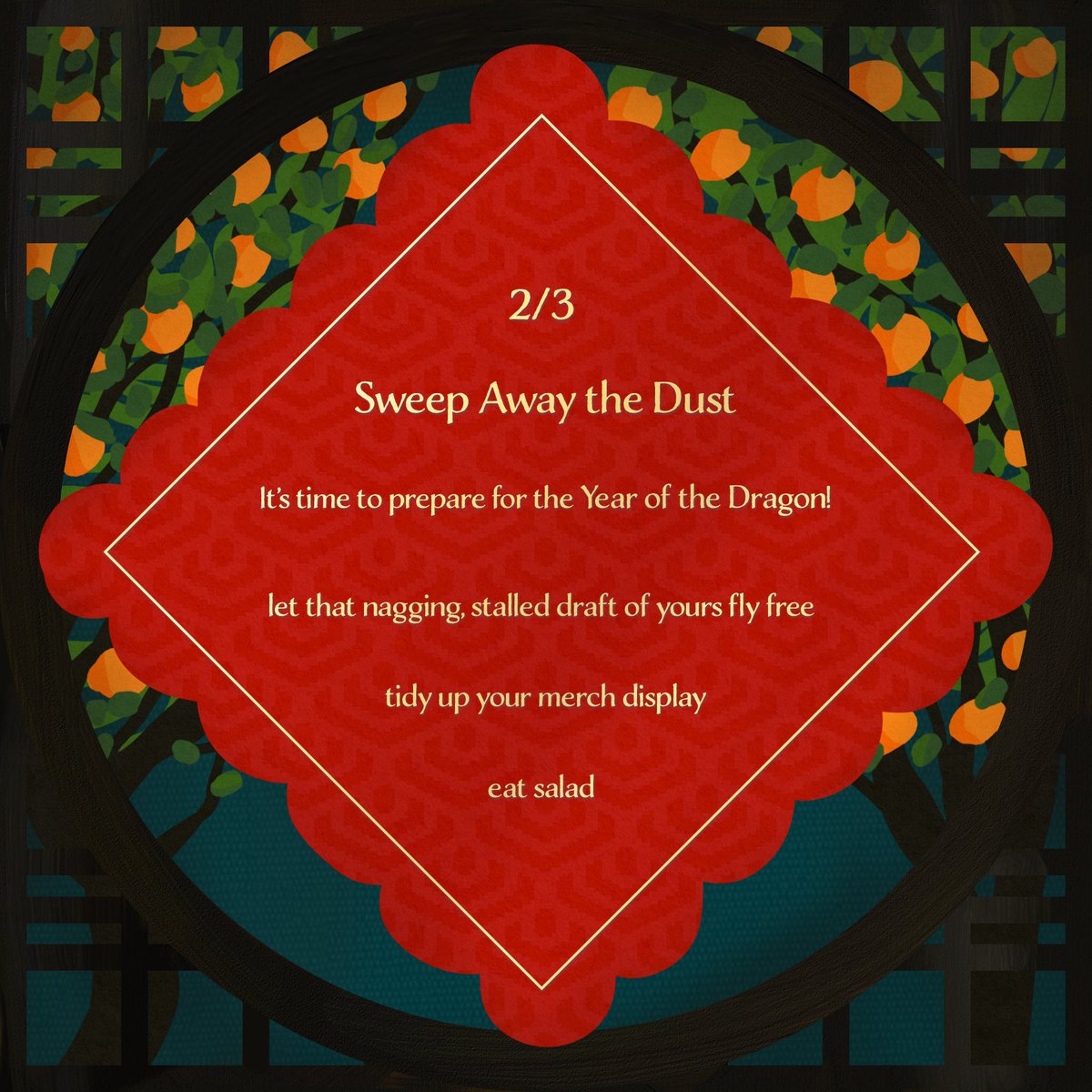 lldmoonparty's tweet photo. 🏮🏮🏮🏮🏮🏮🏮🏮

2/3

Sweep Away the Dust🧹

It’s time to prepare for the Year of the Dragon! 

Join us by setting free old drafts from the last year, tidying up your merch displays, or otherwise prepping for LNY festivities!

#lldmoonparty 

🏮🏮🏮🏮🏮🏮🏮🏮 https://t.co/HVEYGXbRma