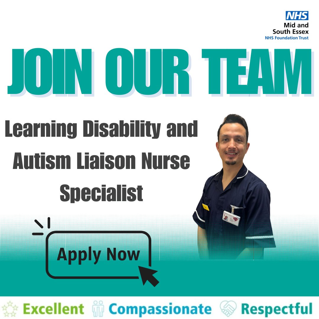 Mid and South Essex NHS Jobs (@joinmsehospital) on Twitter photo Here at <a href="/MSEHospitals/">Mid and South Essex NHS Foundation Trust</a>, we are looking for a Learning Disability & Autism Liaison Nurse Specialist to join us on a 1-year fixed term contract based at our Broomfield site.
Please apply today. lnkd.in/gkRuRBia Here at <a href="/MSEHospitals/">Mid and South Essex NHS Foundation Trust</a>, we are looking for a Learning Disability & Autism Liaison Nurse Specialist to join us on a 1-year fixed term contract based at our Broomfield site.
Please apply today. lnkd.in/gkRuRBia
