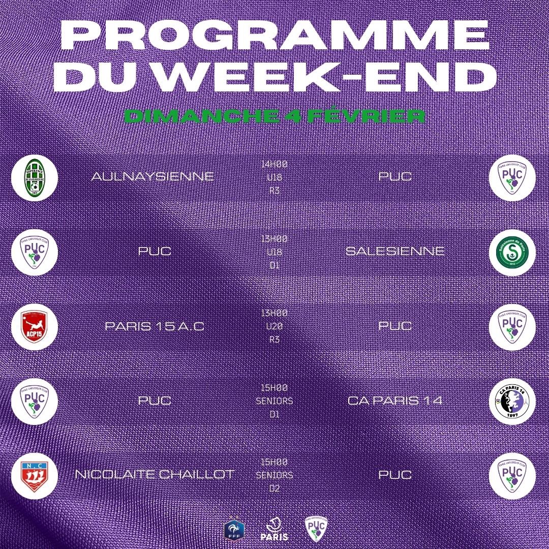 PUC_Football's tweet photo. 🟣 Programme du week-end 🟣

Retrouvez le programme du week-end de nos différentes équipes à 11 ⚔️⚽️

#programme #matchs #football #competition #puc https://t.co/AM4dORYOt9