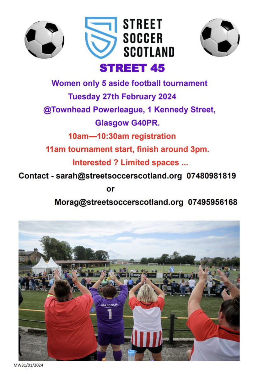 🗣️ calling all women 🗣️

We will be hosting our 1st Street 45 Women’s only tournament of 2024 <a href="/streetsoccerSCO/">Street Soccer Scotland</a> !!

Get yourself along and join a team or register a team. Details below 👇 

Will be a great day! Looking forward to seeing you all there! 💃🏼⚽️💜