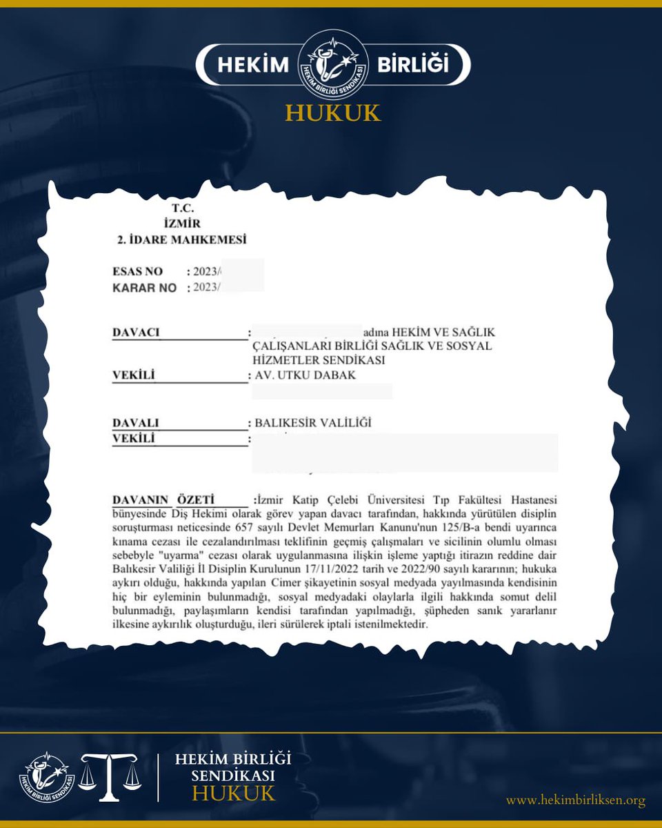 ✅Üyemizi temsilen sosyal medya paylaşımı nedeniyle hukuka aykırı  tesis edilen disiplin cezasının iptaline yönelik açtığımız davada; İdare Mahkemesi; isnat olunan eylemin “her türlü şüpheden uzak somut, kesin ve inandırıcı delillerle açık şekilde olarak ortaya konulamadığı,