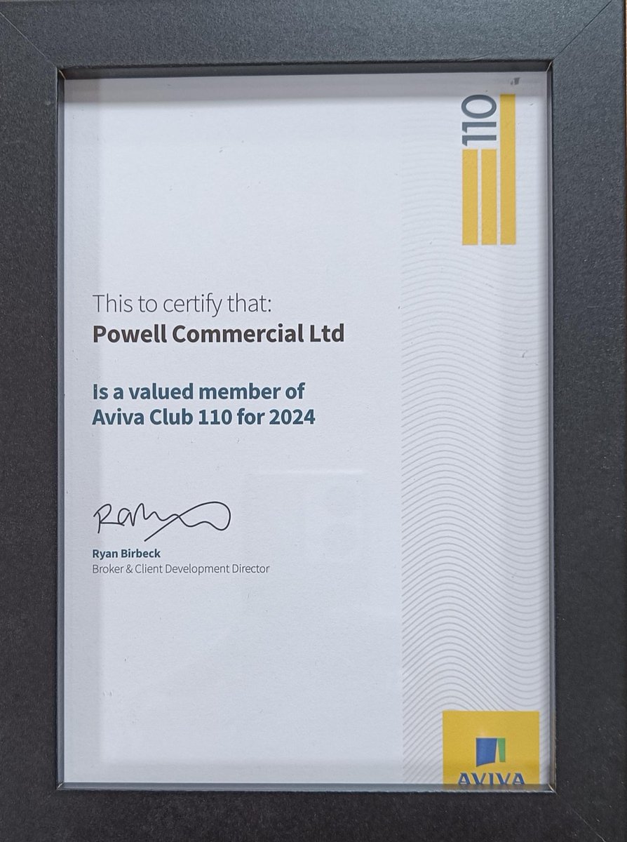 PowellCommLtd's tweet photo. Powell Commercial Limited are proud to announce they are members of Aviva Club 110 for 2024. Club 110 is an exclusive, invitation only proposition from Aviva that supports the very best regional independent brokers. @AvivaUK #insurance #Excellence https://t.co/DeYsMrYgrd