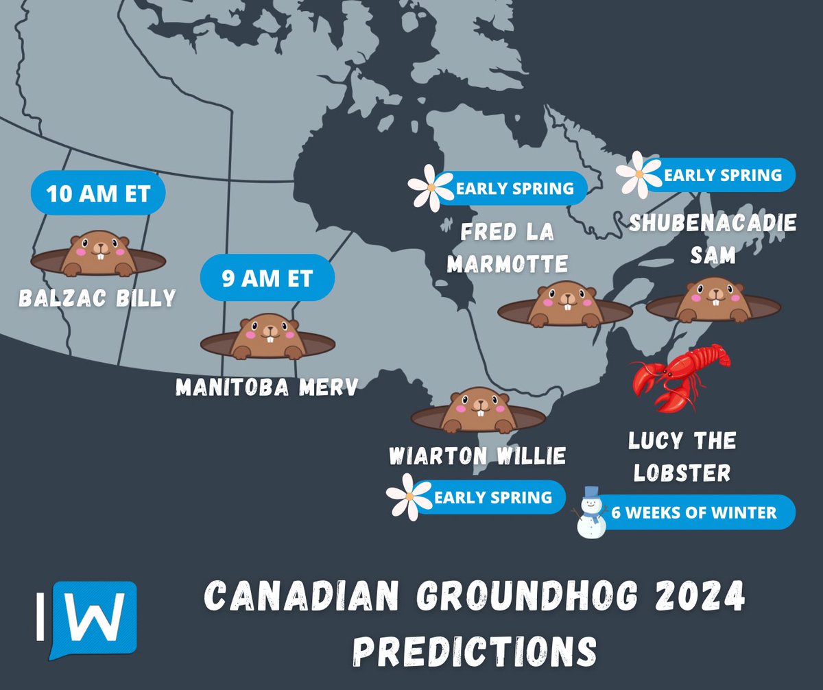 IWeatherON's tweet image. 🎩 #WiartonWillie Weighs In - EARLY SPRING!🐾

#GroundhogDay continues as Canada's favourite weather-predicting groundhogs share their springtime insights!

After a split start from the East, we've now heard from Wiarton Willie of Wiarton, Ontario. The famous groundhog did not