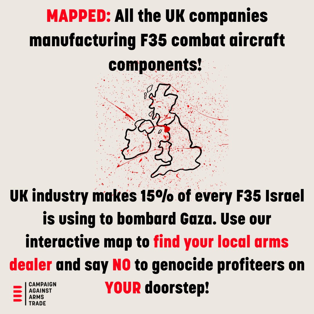 CAATuk's tweet image. MAPPED: All the UK companies manufacturing F35 components. Say no to the genocide profiteers on YOUR doorstep!

Search for your area, find your local arms dealer, and say no to companies profiting from genocide on YOUR doorstep!

#StopArmingIsrael 

caat.org.uk/data/countries…