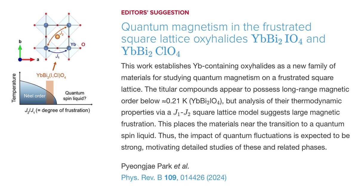 PhysRevB's tweet photo. PRB Editors' Suggestion: #QuantumMagnetism in the frustrated square lattice #oxyhalides #YbBi2IO4 and #YbBi2ClO4
P. Park, G. Sala, Th. Proffen, M. B. Stone, A. D. Christianson, & A. F. May
Phys. Rev. B 109, 014426
➡️ https://t.co/f30LtQ3h4F
#EdSugg #condmat #physics @APSPhysics https://t.co/MlvjLn3Ro5