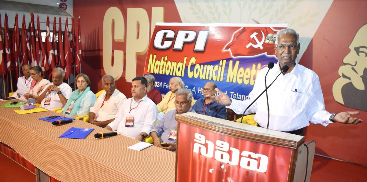 ComradeDRaja's tweet photo. The National Council meeting of the Communist Party of India began today in Hyderabad.

National Council will deliberate on various issues of national and international importance and will decide on the CPI’s strategy before the crucial general elections in 2024.
@CPI_National https://t.co/lqMK9qeGFu