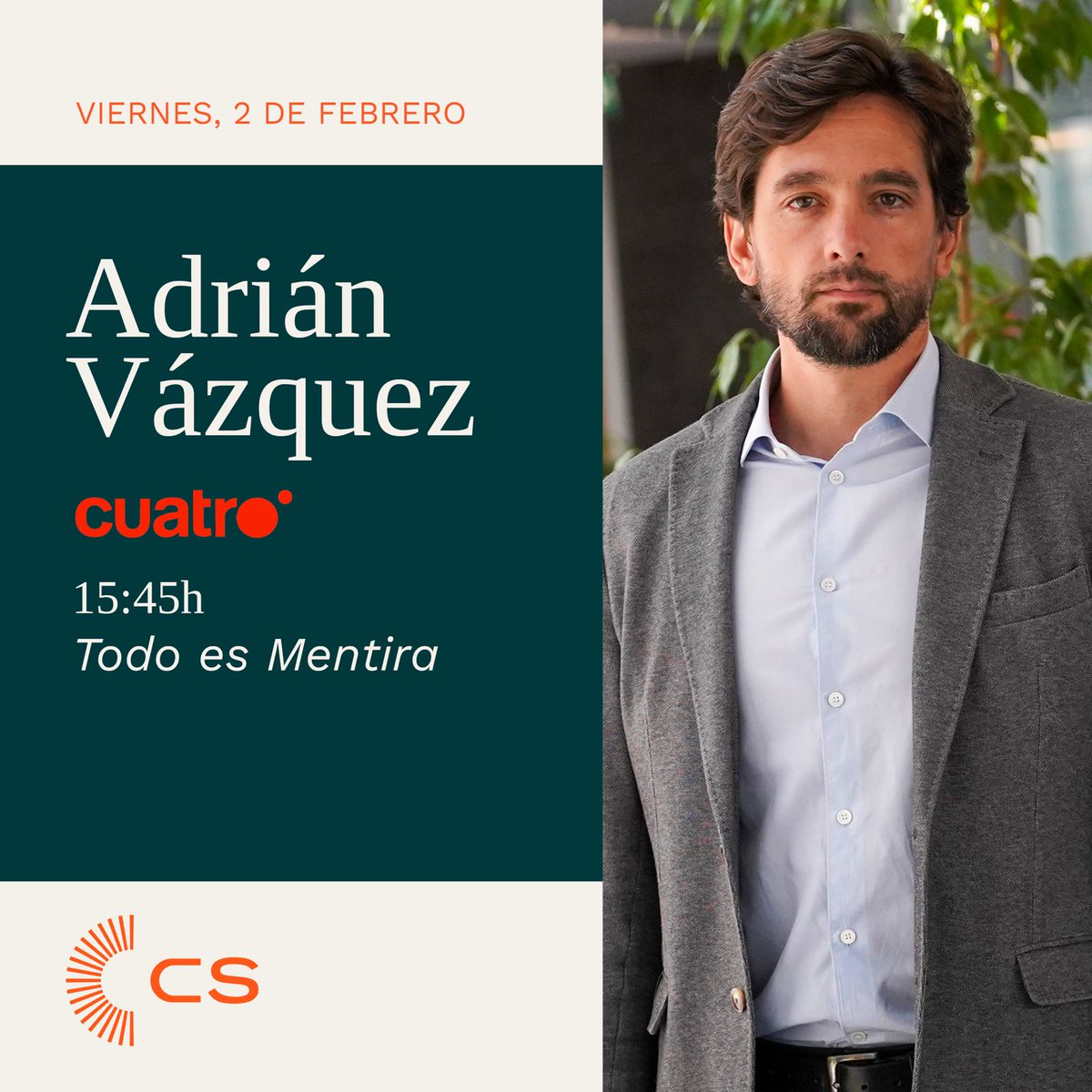 CiudadanosCs's tweet photo. 📺 Esta tarde @AdrianVL1982 estará en @todoesmentiratv de @cuatro.

Puedes seguirlo a partir de las 15.45h aquí 👇
https://t.co/TmxMDzm5MR https://t.co/FerNCEq4Ph