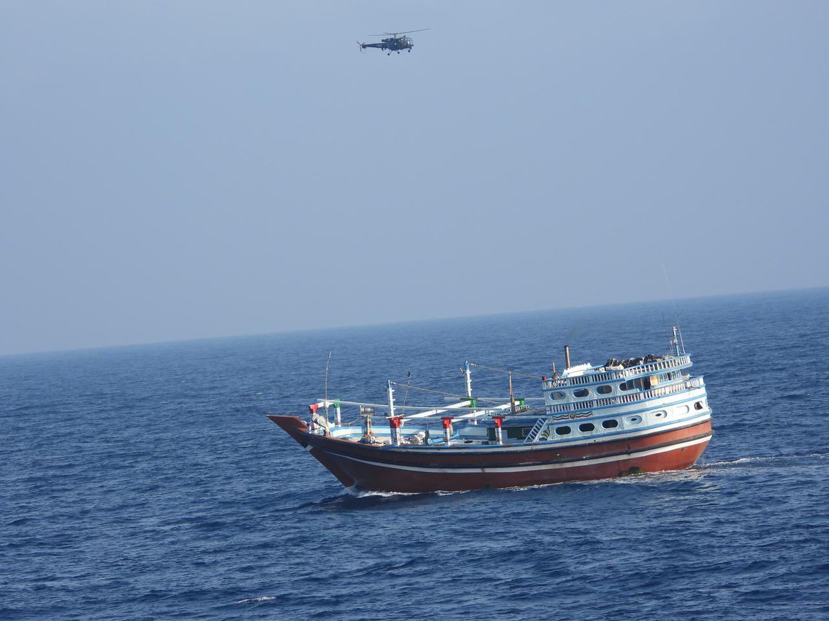 DefencePROkochi's tweet photo. #IndianNavy foils another #Piracy attempt along East coast of Somalia.
#FVOmari, an Iranian 🇮🇷 Flagged Vessel, had been boarded by seven pirates who had taken the crew as hostages.
Information regarding piracy attempt on Fishing Vessel was monitored on 31 Jan 24.
Indian Naval RPA, undertaking surveillance in the area, successfully located FV Omari, & #INSSharda deployed for anti-piracy mission in the region was diverted to intercept the boat. 
INS Sharda intercepted the vessel in early hours of 02 Feb 24 and used her integral helo and boats to coerce the pirates for safe release of crew along with the vessel.
The ship has ensured successful release of the crew (11 𝑰𝒓𝒂𝒏𝒊𝒂𝒏 and 08 𝑷𝒂𝒌𝒊𝒔𝒕𝒂𝒏𝒊 nationals) members along with the boat.
Relentless efforts by IN platforms, mission deployed for anti-piracy and #maritime security operations, continue to save precious life at sea, symbolising Indian Navy’s resolve towards safety of all vessels and seafarers at sea.