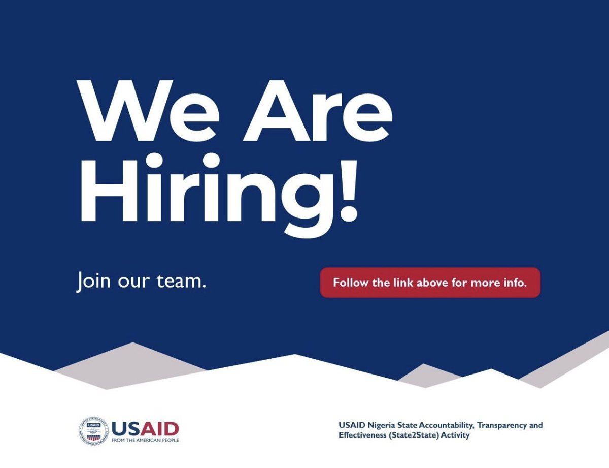 State2StateNGR's tweet photo. #NowHiring we are looking for a suitable candidate to fill the Public Financial Management (PFM) Advisor position in Abuja, Nigeria.

Visit the website below for more information about the position and how to apply: 
https://t.co/BmN8xQaZj7

#hiring #HIRINGNOW https://t.co/wHwKQMbzSF