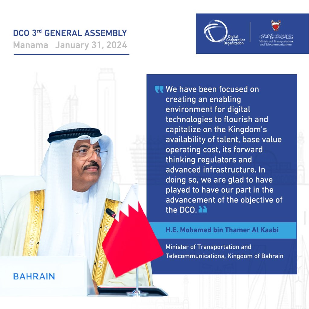 In his remarks at the DCO 3rd General Assembly, H.E. Mr. Mohamed bin Thamer Al Kaabi, Minister of Transportation and Telecommunications, Kingdom of Bahrain, emphasized the need to foster a conducive environment for digital technologies to thrive. 

@MTT_Bahrain 
 
#DCO_GA_Manama…