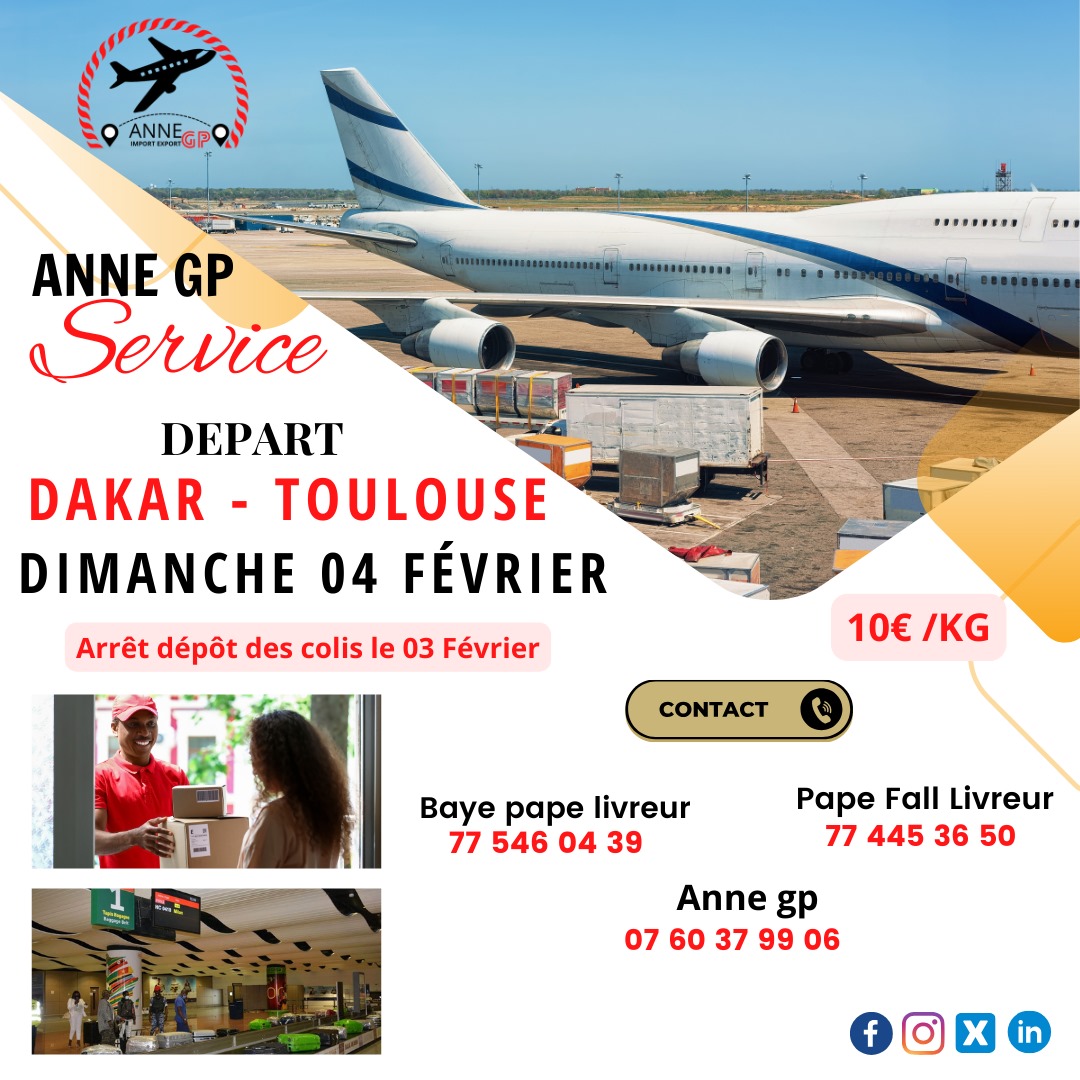 AnneGpservice's tweet photo. Départ GP 
Trajet: Dakar - Toulouse ==> Dimanche 04 Févier
Info line: 07 60 37 99 06 / +221 77 445 36 50 / +221 77 546 04 39

#Annegpservices #transportconteneur #GP #fretaerien #Import_Export https://t.co/6Zf7Fy4bzH