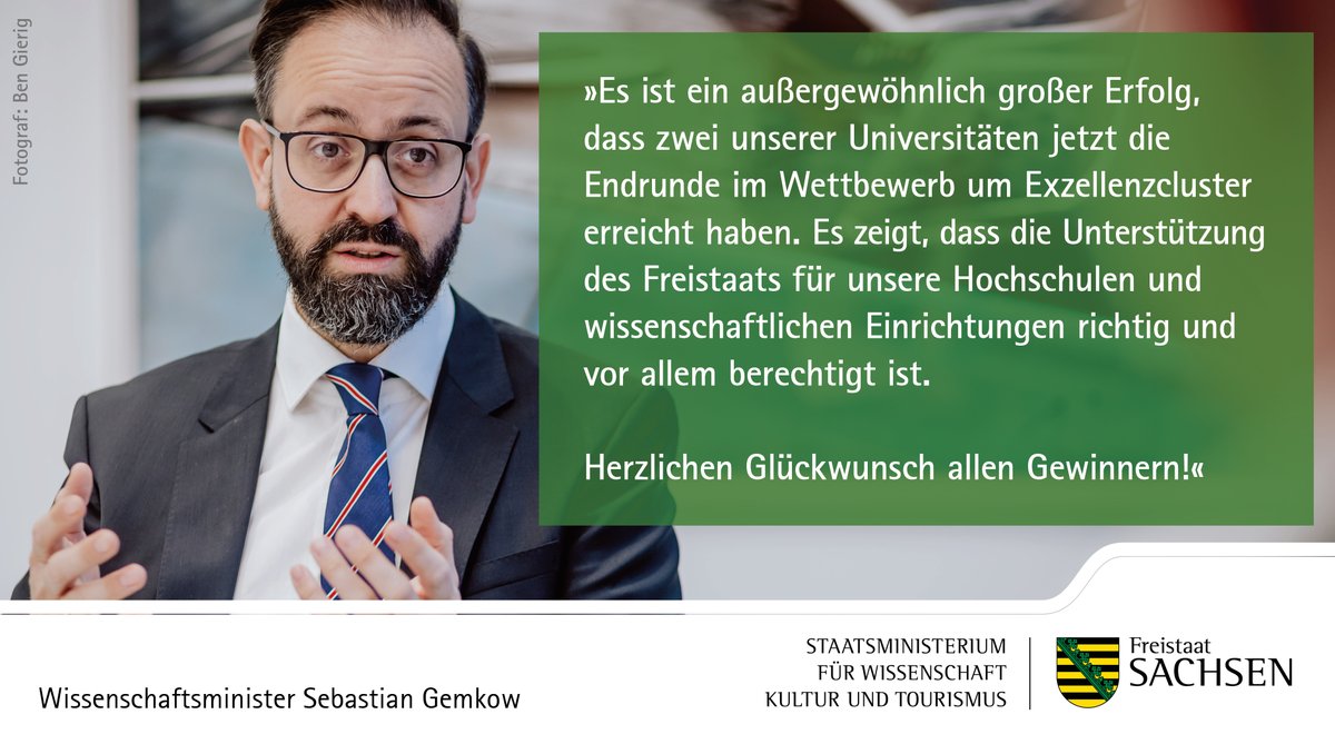 Im Wettbewerb im Rahmen der Exzellenzstrategie haben es 5 Projekte sächsischer Unis in die Endrunde geschafft:
3x @tudresden_de  und 2x @UniLeipzig.
Das ist ein großer Tag für das Wissenschaftsland Sachsen. 
ℹ️ medienservice.sachsen.de/medien/news/10…
#HochschulenSN #spin2030