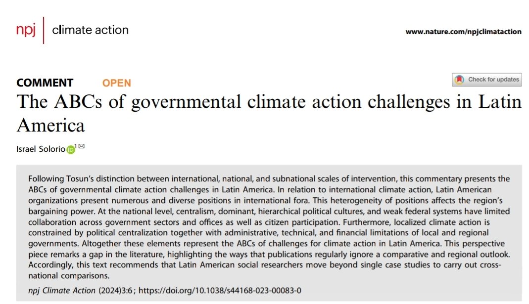 Siguiendo con nuestra colección sobre accion climática local en América Latina, se acaba de publicar en @ClimateActionSN este texto donde reviso los principales retos que enfrentan los gobiernos de la región 🌎 Es #LibreAcceso y puede consultarse aquí: rdcu.be/dxCUb