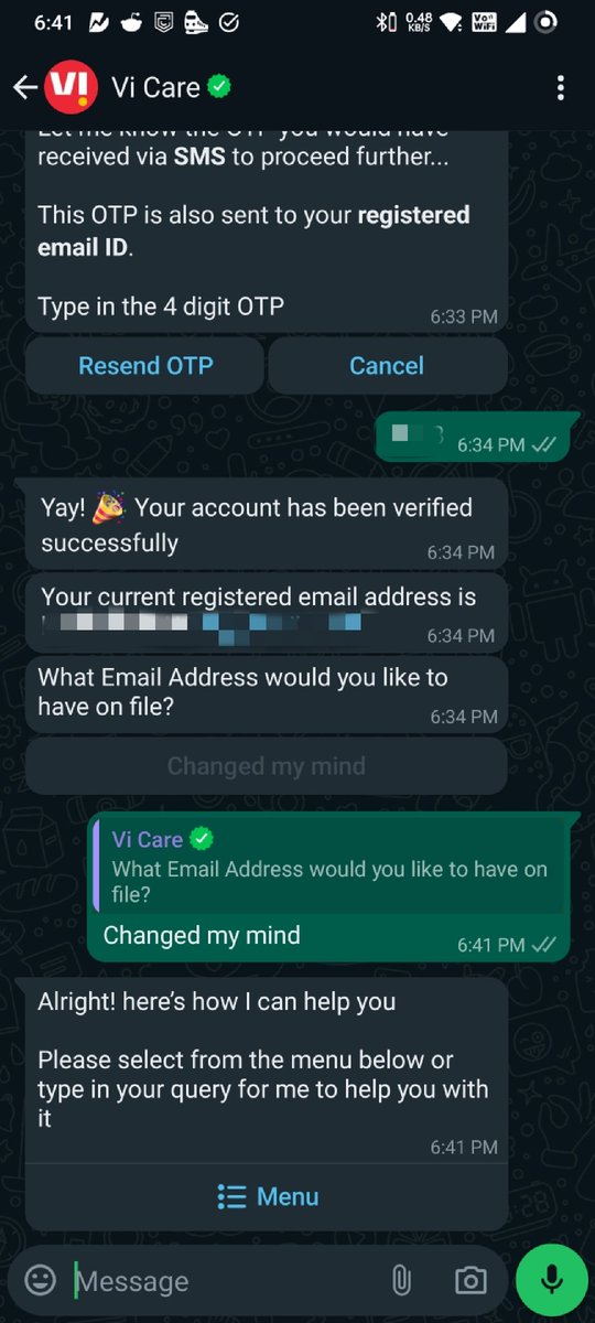 dude_its_hp's tweet photo. Dear @ViCustomerCare 
Why am I getting the "Change my mind" option after your confirmation of my mail ID, and I couldn't find any ways to update my email in the menu listed below. https://t.co/Dvf8ki36ov