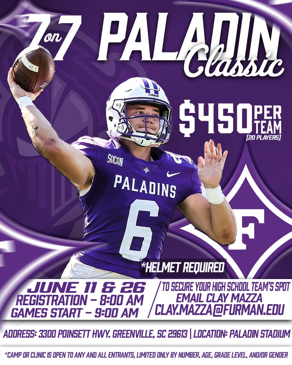 Furman Football (@paladinfootball) on Twitter photo 7 on 7 Paladin Classic ๐
๐๏ธ - June 11th, June 26
๐- Furman University
HS Coaches to reserve your spot email Clay.mazza@furman.edu 7 on 7 Paladin Classic ๐
๐๏ธ - June 11th, June 26
๐- Furman University
HS Coaches to reserve your spot email Clay.mazza@furman.edu