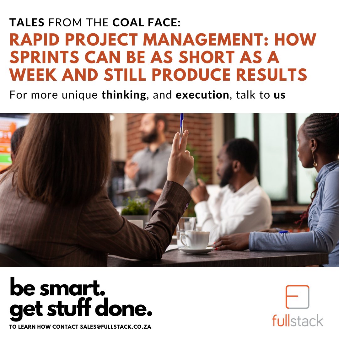 wearefullstack's tweet photo. https://t.co/m1JNlSrCTn - Mia van Rensburg points out how rapid project management works - and sprints are a small aperture for successful projects. Ask sales@fullstack.co.za how to make your projects more rapid. https://t.co/fpQjnNOLPn