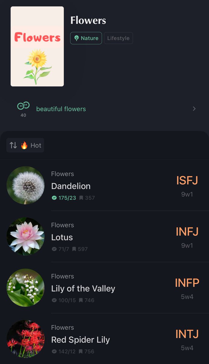 A flower for you, based on your personality type
INFJ   🪷 
INFP  🌼
ENFP 🌻
ENFJ   🌹

personality-database.com/profile?pid=3&…