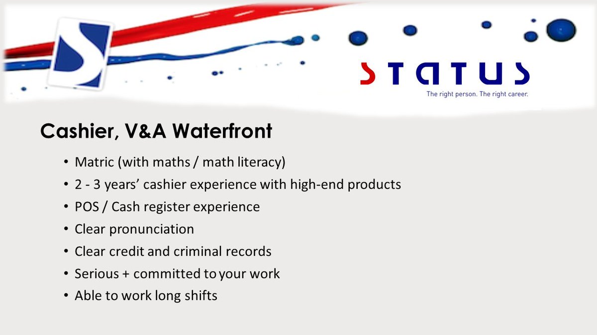 NthabelengDlam3's tweet photo. Temporary Cashier in Waterfront with Matric and 2-3 years' experience in historic African merchandise https://t.co/qKyfgQMO3V... #Cashier #Tourism #Waterfront #StatusStaffing https://t.co/e9htxwFvjd