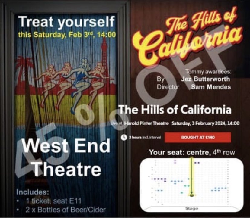 ErnestCoret's tweet photo. Give yourself a treat
#Westend 🎭 45% OFF!!

“The Hills of California”

Directed by #SamMendes
Sat, Feb 4th, 14:00
Centre 4th row + drinks
Harold Pinter Theatre, London

#thingstodoinlondon
#londontheatre
#TheHillsOfCalifornia
#HaroldPinter 

https://t.co/fMHd7HzpFS https://t.co/lcWBcHW8FU