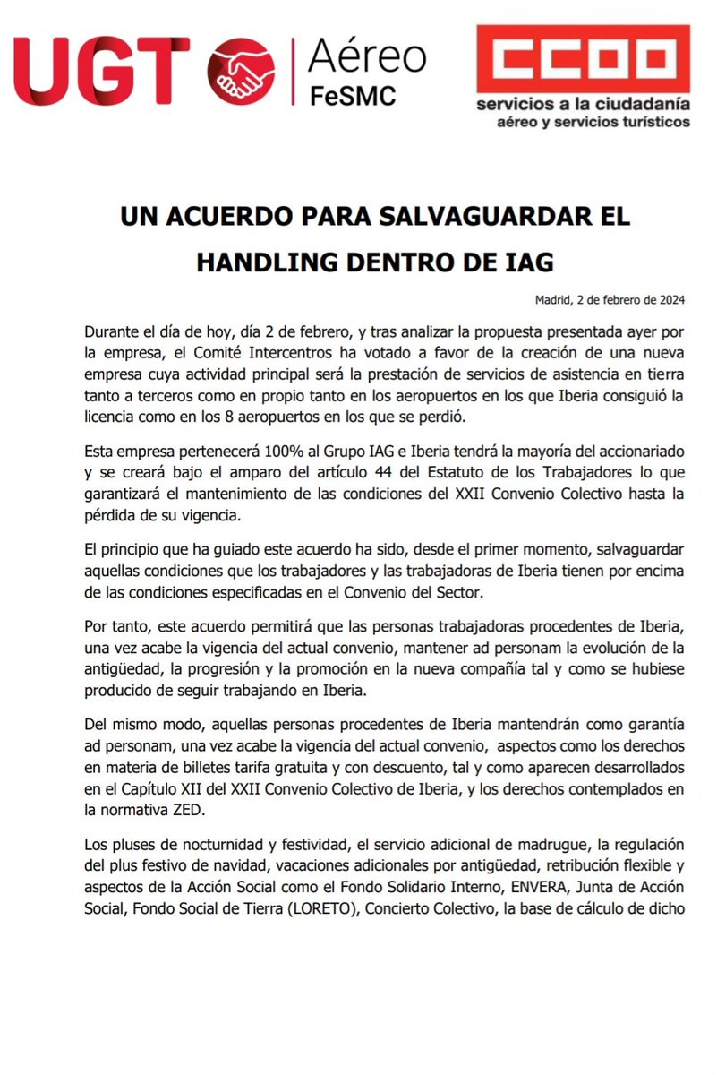 FeSMC_UGT's tweet image. #ULTIMOMINUTO | Alcanzado #ACUERDO @Iberia

🔴Salvaguardadas las condiciones de las personas trabajadoras del #Handling.

Tras analizar la propuesta presentada por la empresa, el Comité vota a favor de la creación de empresa para la prestación de servicios en tierra.
#Comunicado
