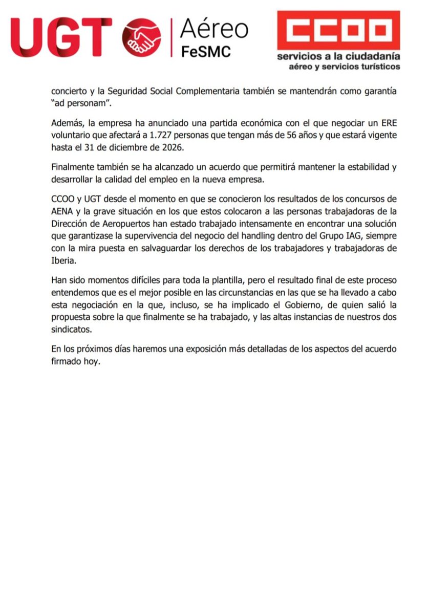 FeSMC_UGT's tweet image. #ULTIMOMINUTO | Alcanzado #ACUERDO @Iberia

🔴Salvaguardadas las condiciones de las personas trabajadoras del #Handling.

Tras analizar la propuesta presentada por la empresa, el Comité vota a favor de la creación de empresa para la prestación de servicios en tierra.
#Comunicado