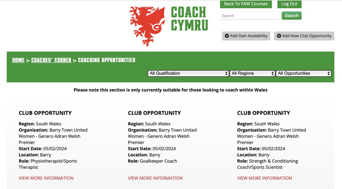 COACHING OPPORTUNITIES Are you looking to join a football club? Check out the opportunities available on Coach Cymru. Visit: fawcourses.com/coachcymru/coa…