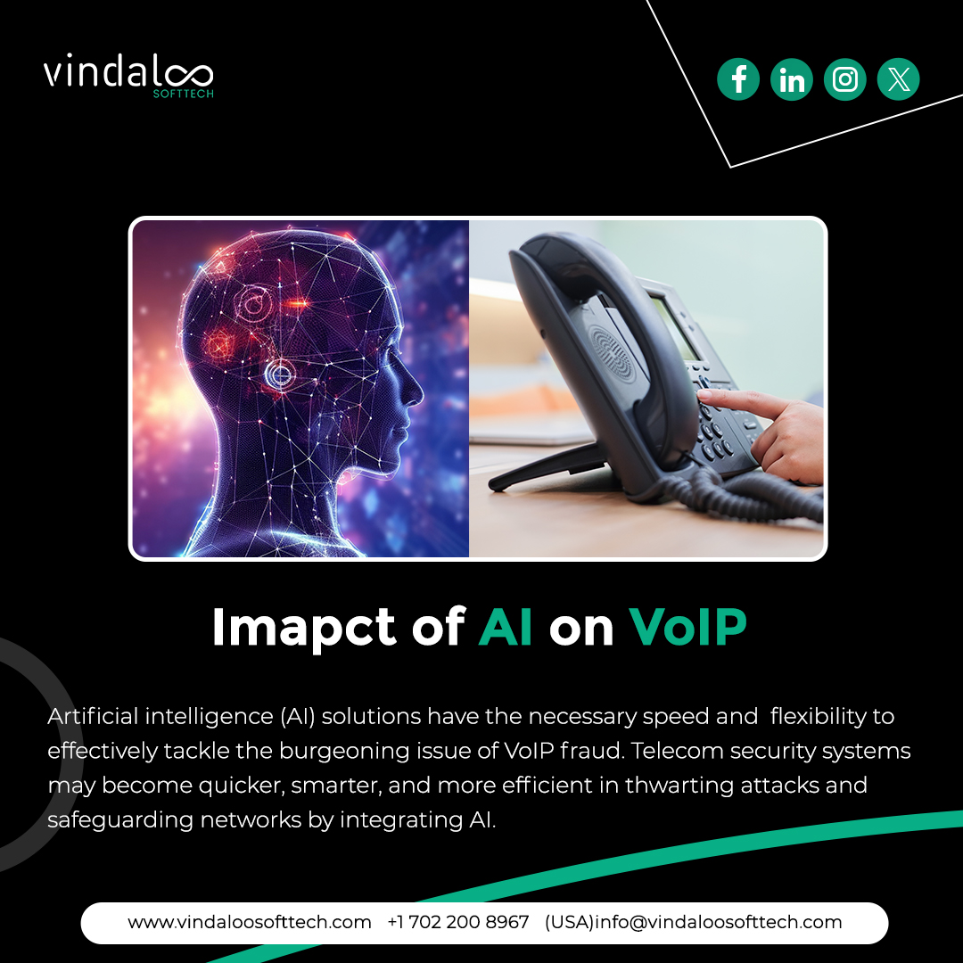 V_softtech's tweet photo. VoIP services have been completely transformed by AI, which has improved call quality, made intelligent call routing possible, offered predictive maintenance, increased security, and many other benefits. 
#AI #VoIPServices #VindalooSofttech https://t.co/SZRsptqJg7