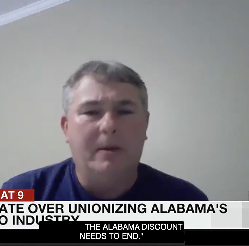 UAW's tweet photo. Jeremy Kimbrell, a worker at Mercedes in Tuscaloosa, Alabama responds to the Alabama Secretary of Commerce's union-busting rhetoric:

“An Alabama worker is just as good as any other worker. No one is looking out for them and it’s time that Alabama auto workers fight back.

We do a good job and Mercedes is selling cars, making over 100k a piece at our factory. They work us unbelievable extra shifts. They’re happy that we’re here. They just don’t want to pay us. They just want us to work for less. I call it the ‘Alabama discount.’ 

The Alabama discount needs to end.”
#StandUpUAW

https://t.co/rU7xdH1X2p