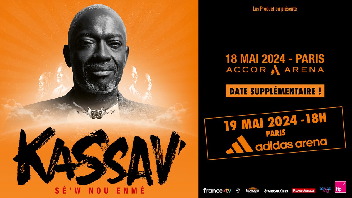 🎼 KASSAV EN CONCERT - DATE SUPPLÉMENTAIRE 🎼 Après l'Accor Arena Paris le 18 mai 2024, le groupe légendaire de zouk @KASSAV_OFFICIAL montera sur la scène de l'@adidasarena le 19 mai 2024 ! Prévente disponible maintenant. 👉t.ly/1jt2K