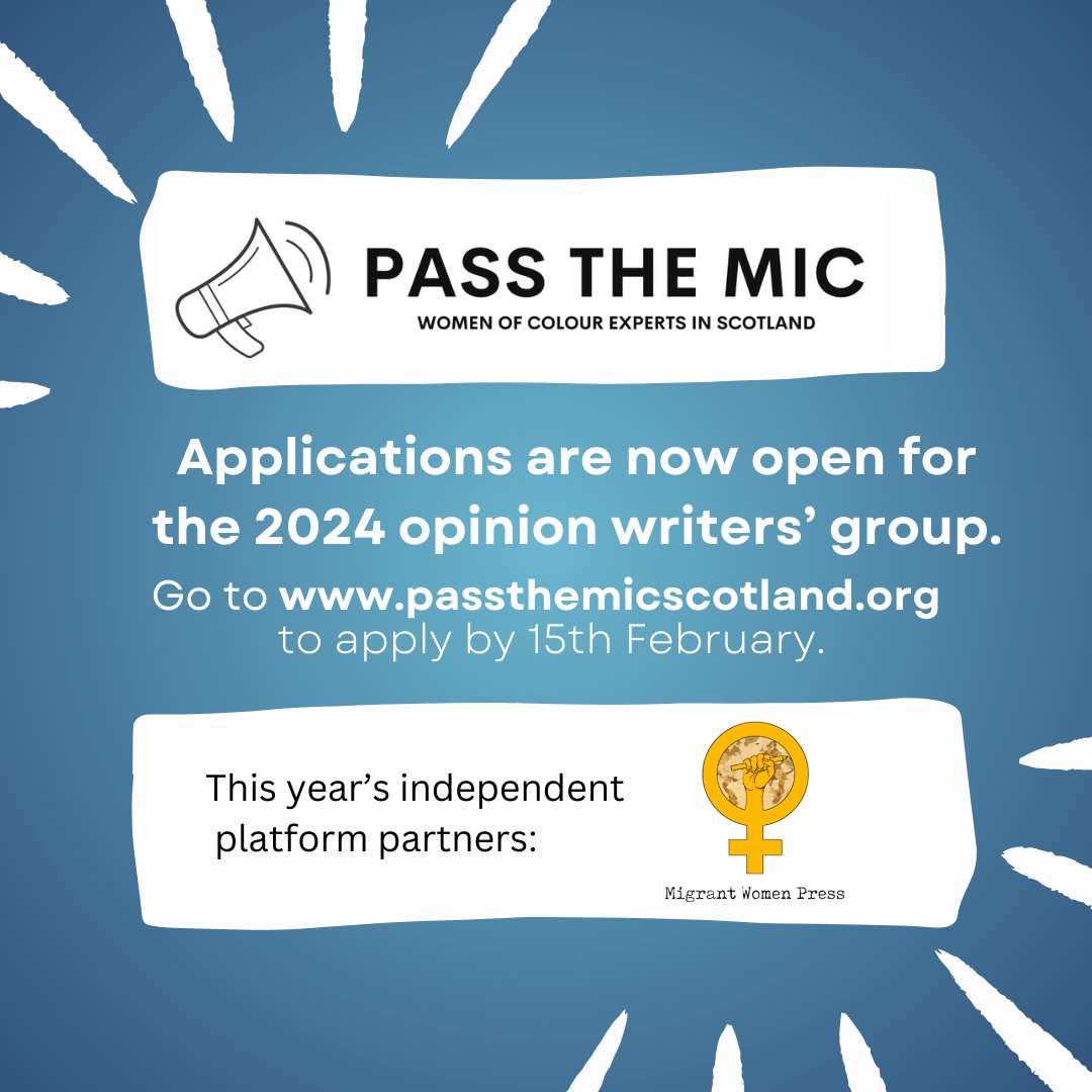 📣We've joined forces with @passthemicscot as an independent media partner! 🗣️ Pass The Mic is transforming the narrative by amplifying the voices of women of colour in Scotland's media scene. ✍🏾Join the 2024 writer's group! More info at: passthemicscotland.org/2023/12/20/202…