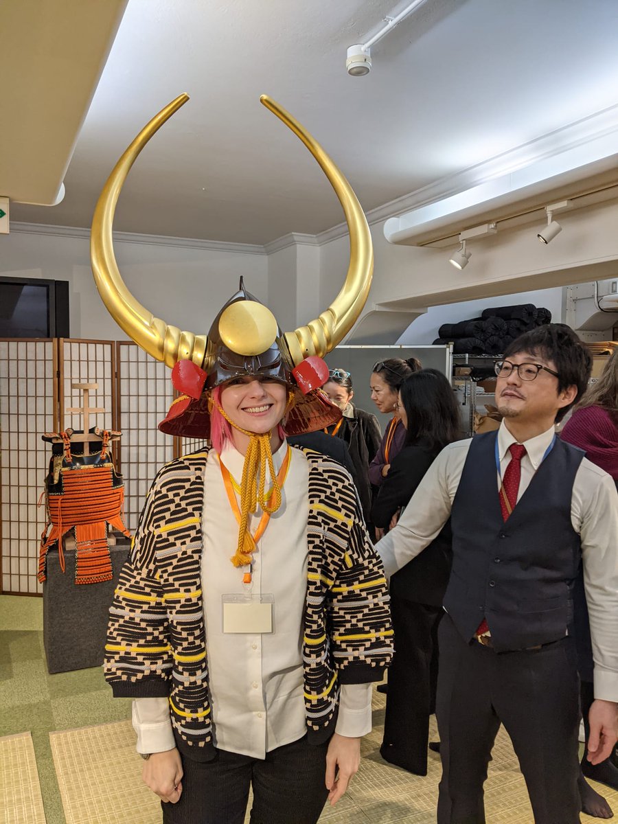 DU_Collections's tweet photo. Here is Gill Ramsay, Assistant Curator of the Oriental Museum wearing a Japanese helmet. #curatorontour
She was attending the Curatorial Exchange Programme at the #tokoyonationalmuseum. This day was all about armour. So she had the opportunity to try on this impressive headgear. https://t.co/sU3pvklIKI