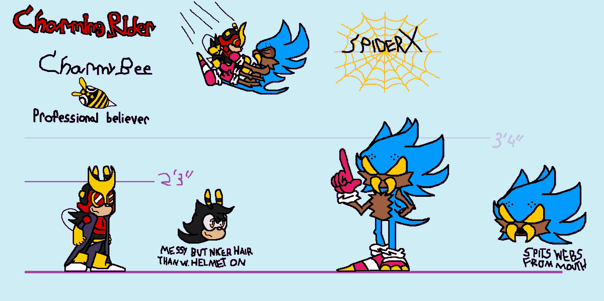 SantinoAintHere's tweet photo. Charming Rider & Spider X.
Charming Rider is a Kamen Rider inspired exe slayer (no bike tho smh, instead he rides along the wind)
Spider X is the first exe, called X in his universe, to get defeated by charming.
There's more X to defeat out there!
#sonicexeoc #sonicexe #exeslayer https://t.co/wCLzaXb6Eh