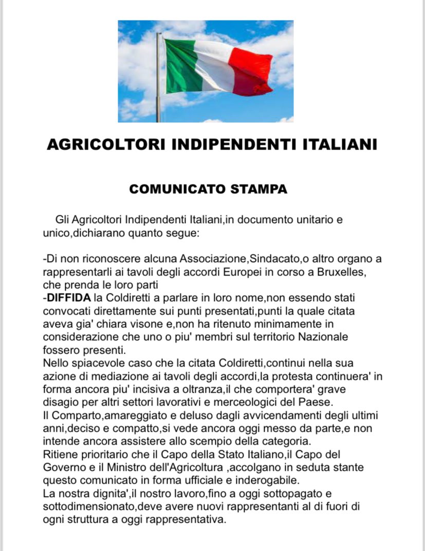 dessere88fenice's tweet photo. In questo momento stiamo rilasciando un comunicato.

Per mezzo Stampa e media locale del Veneto, ma anche via pec a organi governativi e regione Veneto.

Il movimento agricoltori indipendenti italiani non riconosce alcun accordo fatto da Coldiretti a Bruxelles.

Pertanto i presidi proseguono e si intensificano dalla prossima settimana.

Con questo comunicato gli agricoltori che hanno aderito o stanno aderendo,
si staccano da quello che è il mondo “Coldiretti” ed iniziano un percorso totalmente indipendente.

Con questo comunicato sottolineammo anche la non appartenenza a movimenti filo Calvani (c.r.a) 
Non abbiamo nessun accordo e non lo cerchiamo.

Ogni azione da qui in poi che portiamo avanti sarà firmata come:

“Agricoltori indipendenti italiani.”

Navighiamo verso la storia🫡🇮🇹