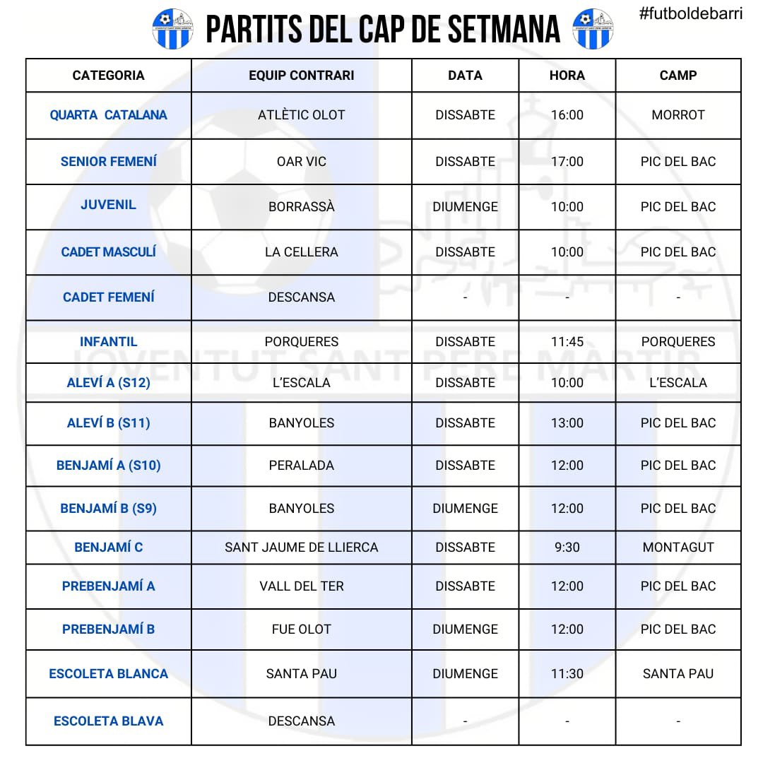 HORARIS⏰

Aquests son els partits dels nostres equips per aquest cap de setmana! 
Molta sort a tots i totes!💪🏻💙

#sempresantpere #futboldebarri #somblaus 
🔵⚪️🔵⚪️🔵