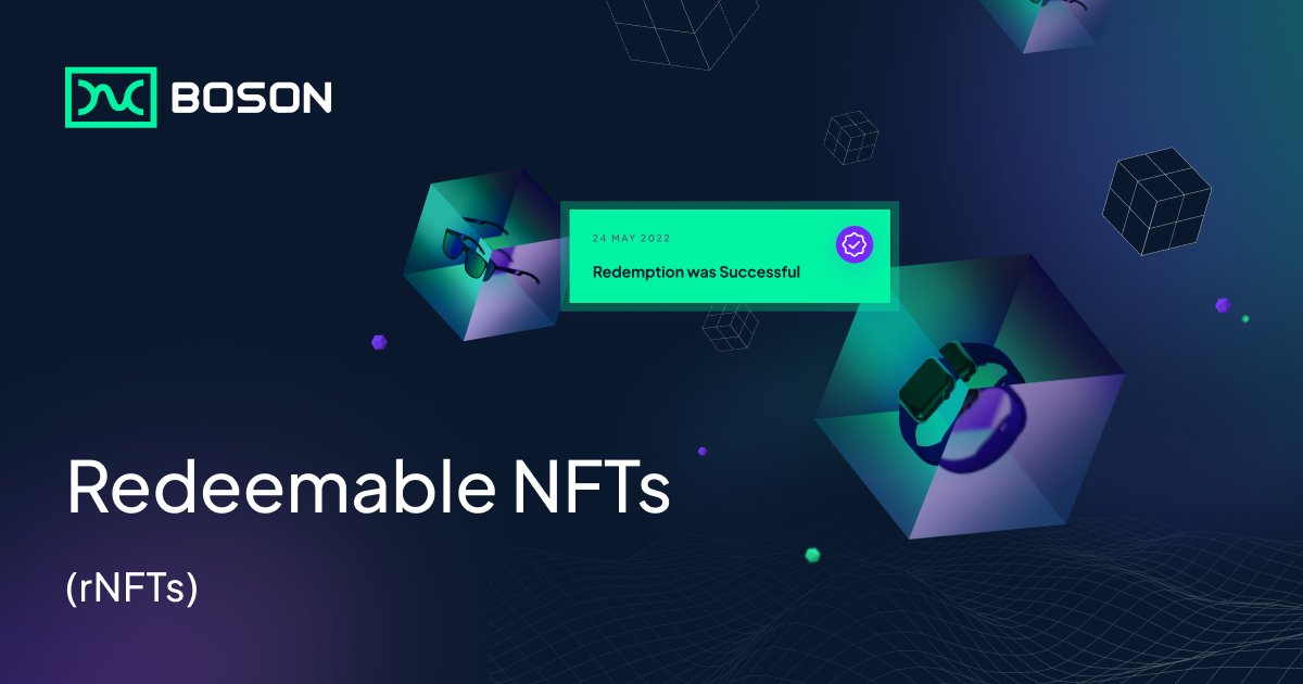 ♻️Redeemable NFTs (rNFTs) can be thought of as forward contracts for physical things, programmed within smart contracts.  rNFTs can be held, transferred or traded like any other NFT. ♻️

👀Check out our latest posts to learn more👀
bosonprotocol.io/blog/