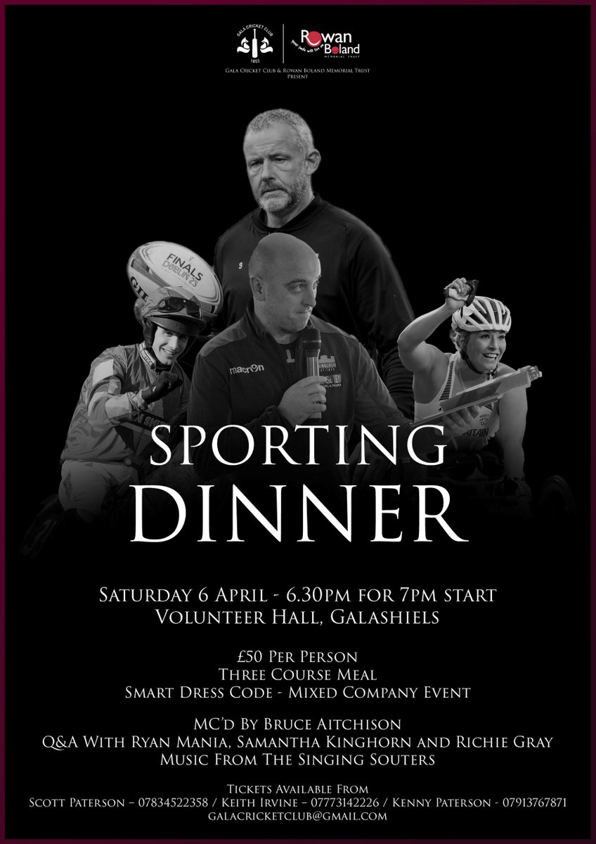 Gala Cricket Club (@gala_cricket) on Twitter photo Local sports stars headline Galashiels sporting dinner – tickets now on sale 📢
Paralympian Samantha Kinghorn, Grand National winning jockey Ryan Mania & rugby/NFL coach Richie Gray to speak at dinner we are hosting with <a href="/RowansTrust/">Rowan Boland Memorial Trust</a>
Full details: ow.ly/1zcO50QxaXS Local sports stars headline Galashiels sporting dinner – tickets now on sale 📢
Paralympian Samantha Kinghorn, Grand National winning jockey Ryan Mania & rugby/NFL coach Richie Gray to speak at dinner we are hosting with <a href="/RowansTrust/">Rowan Boland Memorial Trust</a>
Full details: ow.ly/1zcO50QxaXS