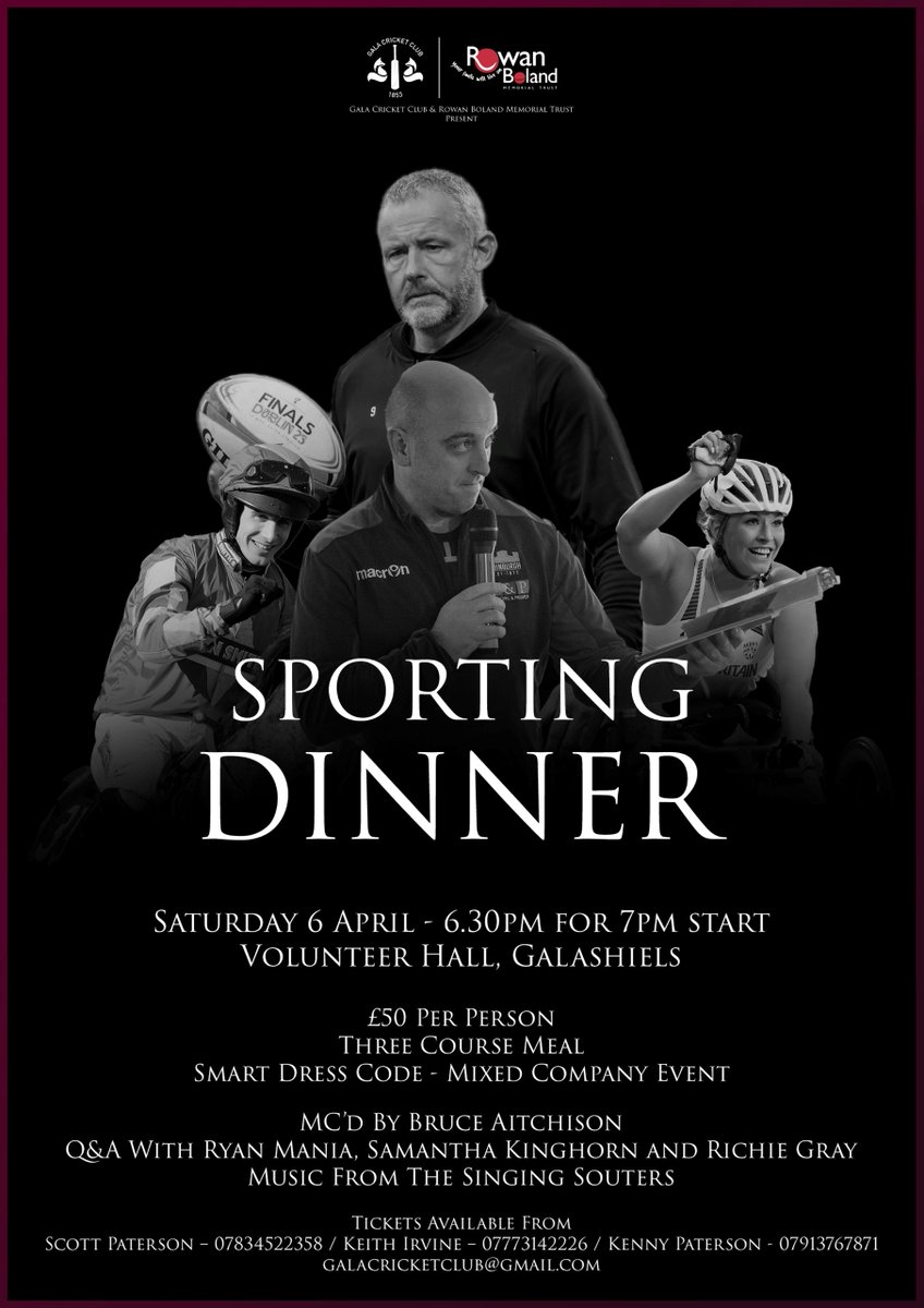 Local sports stars headline Galashiels sporting dinner – tickets now on sale 📢 Paralympian Samantha Kinghorn, Grand National winning jockey Ryan Mania & rugby/NFL coach Richie Gray to speak at dinner we are hosting with @RowansTrust Full details: ow.ly/1zcO50QxaXS